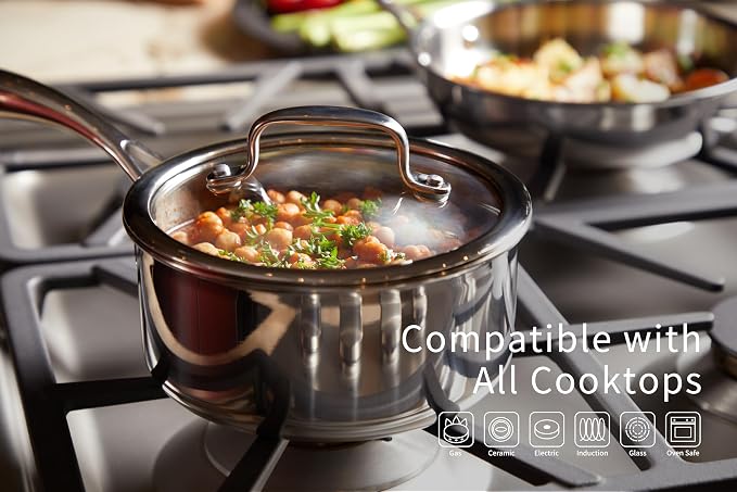 1.3 Quart Stainless Steel Saucepan with Glass Lid | 5 Ply Stainless Clad Construction, Suitable for All Cooktops, PTFE, PFAS and PFOA Free