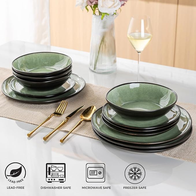 AmorArc Ceramic Dinnerware Sets for 4, 12Pcs Plates and Bowls Sets Dishes | Stoneware Handmade Reactive Glaze Dinner Set, Highly Scratch Resistant | Dishwasher & Microwave Safe Dishware