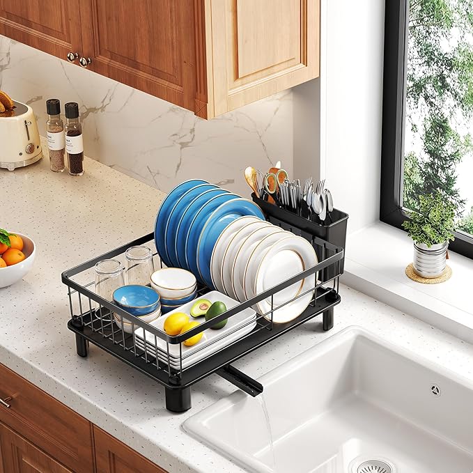 SNTD Dish Drying Rack for Small Kitchen Counter, 11" W x 15" L, Black | Space Saving, Rotating Spout & Angled Drainboard for Quick Drainage, Stainless Steel, Removable Utensil Holder