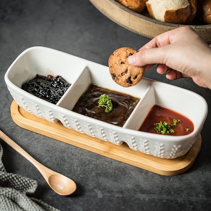 Miamolo Condiment Bowls Divided Serving Tray, Chip and Dip Bowl for Party | Ceramic 10-inch, 3 Compartment Tray + Wood Base | for Snacks Appetizer Charcuterie, Microwave Oven Safe, Hosting Essentials