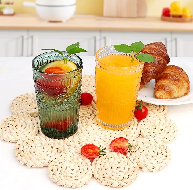 Loivttvv 6pcs Vintage Drinking Glasses Set, 12 oz Dark Green Highball Glasses, Embossed Ribbed Glassware Cups for Cocktail, Water, Juice, Coffee, Whiskey