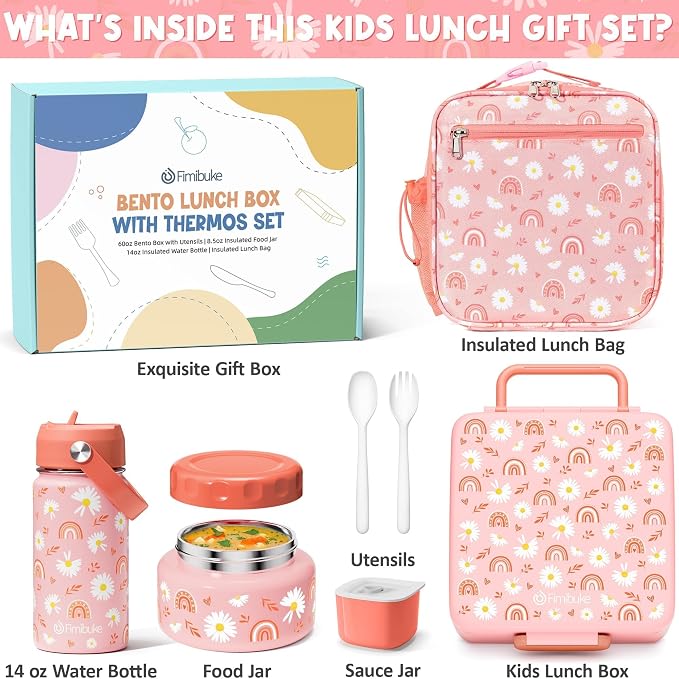 Fimibuke Bento Box for Kids Adult - Leakproof 3-4 Compartments Lunch Bento Box Set with Insulated Food Jar, Water Bottle, Lunch Bag, Sauce Cup & Cutlery for Toddler Teen Shcool Girl Boy Age 3+