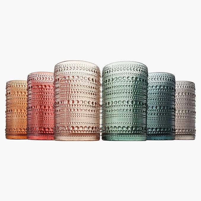 Khen Hobnail Beaded Highball Drinking Tumbler Glasses | Set of 6 | Color, Vintage Bubble Design Whiskey Glassware, Old-Fashioned, Embossed Design for Water, Wine, Cocktail Embossed, Rocks Glass