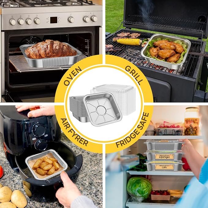 Gyreuni 40 Pack 8x8 Disposable Aluminum Baking Pans with Lids Kit | Heavy-duty aluminum foil pans resist bending and are ideal for baking, storing and transporting food.