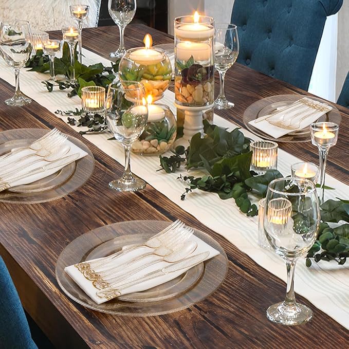 175 Pieces Gold Glitter Disposable Dinnerware Set for 25 Guests | Plastic Plates for Party, Include: 50 Gold Glitter Plastic Plates, 25 Paper Napkins, 25 Cups, 25 Gold Glitter Silverware Set