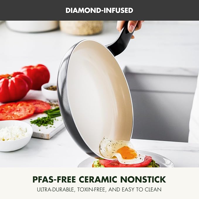 GreenPan Rio Advanced 10" Frying Pan Skillet, Ceramic Nonstick PFAS-Free, Induction Ready, Dishwasher and Oven Safe, Black