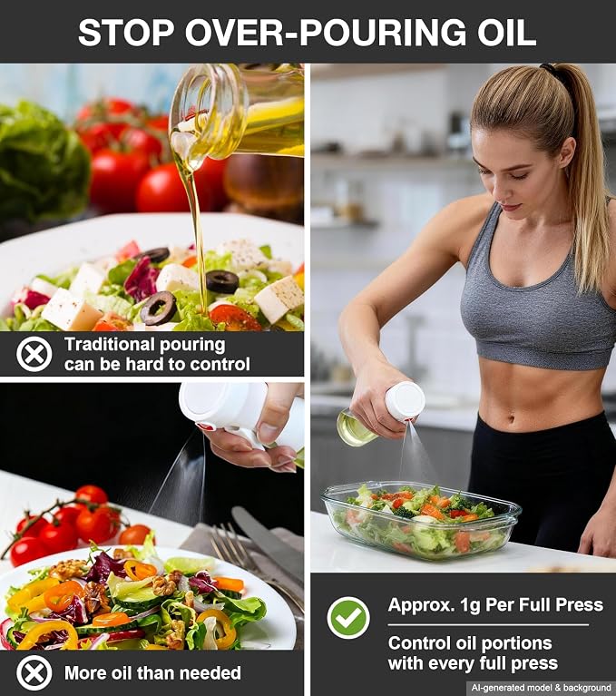 Oil Sprayer for Cooking, Olive Oil Sprayer, Approx. 1g Per Press (1) | Patented Spray Structure, Glass Bottle, Wide Fan Mist, Built-in Filter for Air Fryer, Salad, BBQ and Baking