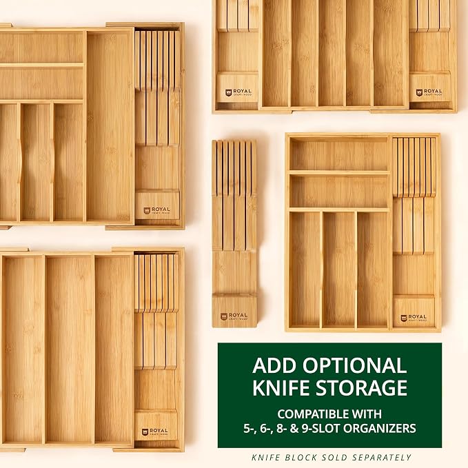 ROYAL CRAFT WOOD Luxury Bamboo Kitchen Drawer Organizer - Silverware Organizer, Utensil Holder & Cutlery Tray Drawer Dividers for Flatware (9 Slot, Natural)