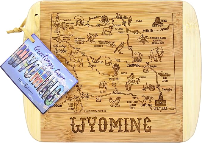 Totally Bamboo A Slice of Life Wyoming Engraved Map Cutting Board | 11” x 8.75” charcuterie board with engraved state map artwork. Smooth reverse side for food prep. Hang tie for wall display.