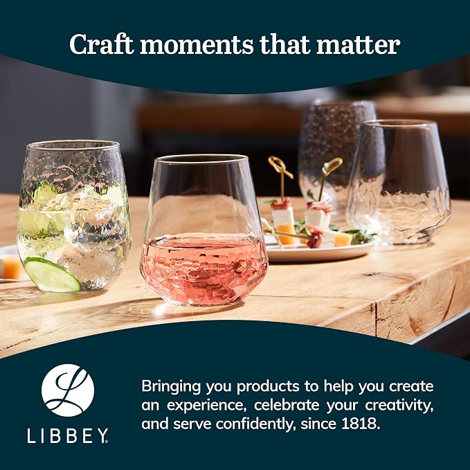 Libbey Hammered Stemless All-Purpose Wine Glasses, 17-ounce, Set of 8