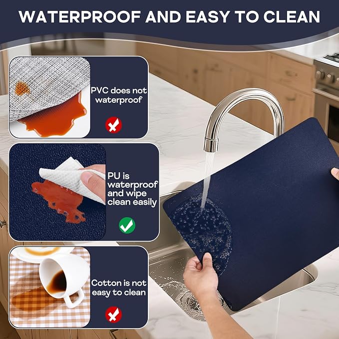 Faux Leather Placemats Set of 6 Waterproof Table Mats with Coaster | 17×12 In Heat Resistant Place Mats Set of 6 Wipebale & Washable Table Placemats for Kitchen Dining Indoor & Outdoor NavyBlue