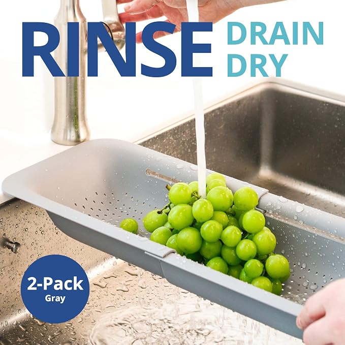 Blue Ginkgo Over Sink Colander, Extendable Kitchen Strainer, 2-Pack, Grey | Fits Most Sinks. Rinse, Drain and Dry with Ease.