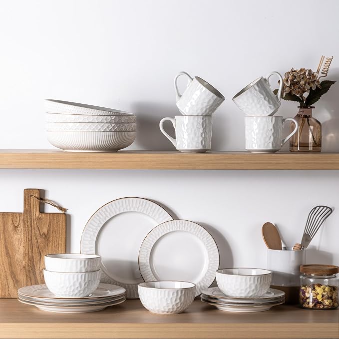 GBHOME Ceramic Dinnerware Sets of 8,24 pcs Plates and Bowls Sets Dishes | Embossed Elegant Stoneware Dishes Set | Dishwasher & Microwave Safe | Service for 4
