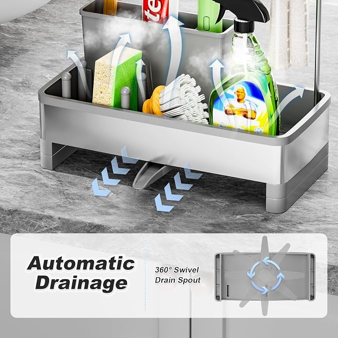 Ewaiira Sponge Holder for Kitchen Sink, Stainless Steel Sink Caddy | with Brush Holder & Dishcloth Rack, Countertop Sink Organizer, Soap Dispenser Kitchen Organizers Storage (F-Gray 9.8″)