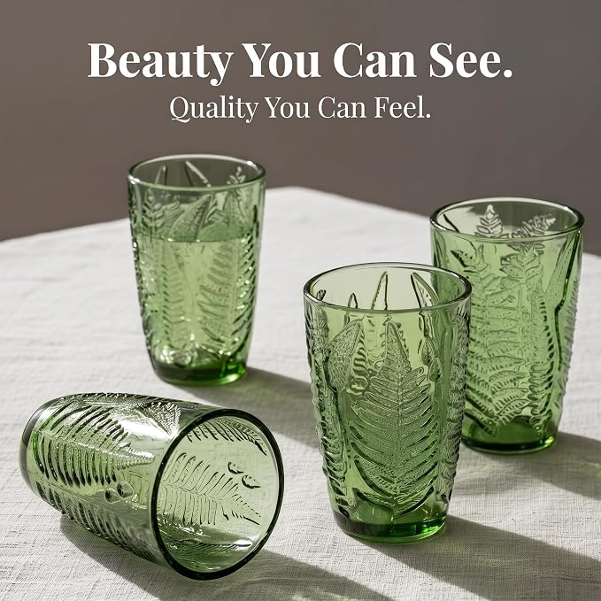 Green Drinking Glasses Set of 4, 12 oz Glass Cups, Vintage Fern Glassware | Hand-Pressed, Dishwasher Safe, Boho Leaf-Textured Drinkware, Embossed Highball Tumblers for Water, Retro Kitchen Gift