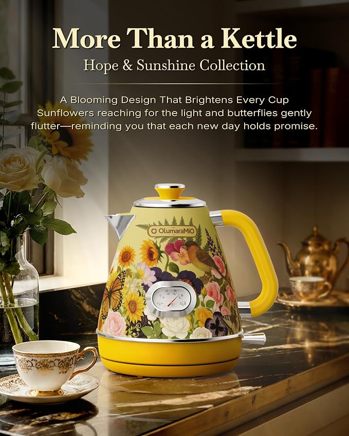 Olumaramio 1.7L Retro Electric Kettle with Thermometer, Floral Design | 304 Stainless Steel, 1500W Fast Boiling, Auto Shut-Off, Boil-Dry Protection, BPA-Free
