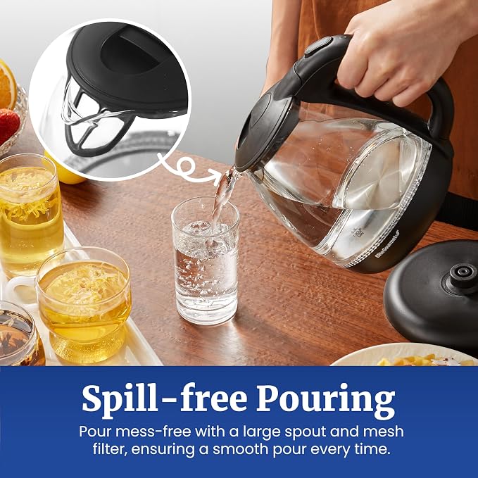 Elite Gourmet EKT1001 1.0L Glass Kettle, 1100W, Cordless Base, Black | BPA-Free Glass, Blue LED Interior, 360° Base, Auto Shut-Off Function, Quickly Boil Water for Tea & More