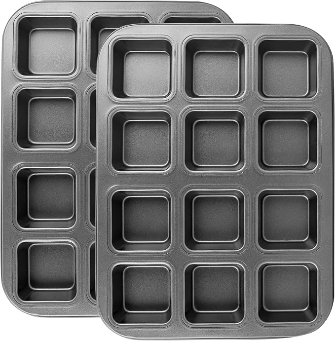 Beasea Brownie Pan with Dividers, 2 Set All Edges Square Cupcake Brownie Pans 12 Mini Cavity Non Stick Baking Carbon Steel Bread Mold Small Edge 3x4 Individual Cutter Sheet Tray for Cake Cookie Oven
