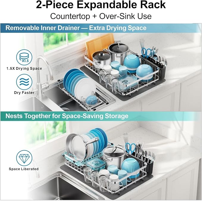 Large Capacity Dish Rack - Expandable 2-Piece Countertop Set, Silver | Expands 16.5-21.5 in, Holds Pots & Plates, Cup & Utensil Holders, Absorbent Mat, Removable Over-Sink Rack, Stainless Steel
