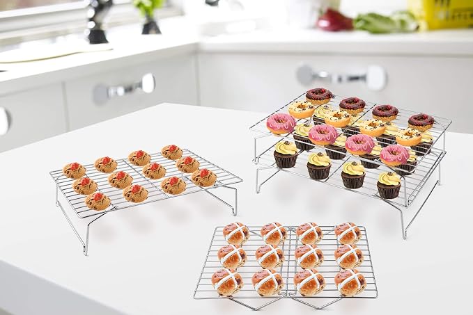 P&P CHEF 4-Tier Cooling Rack Set, Stainless Steel Stackable 15" x 10" Rack | Baking Cooking Racks for Cooling Roasting Cooking, Raised & Folding Feet, Oven Safe & Easy Clean, Silver