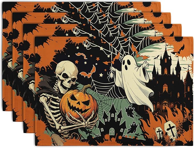 Halloween Skeleton Ghost Placemats Set of 4 12x18 Inch Spooky Pumpkin Bat Table Mats Vintage Rustic Farmhouse Place Mats for Party Kitchen Dining Decor