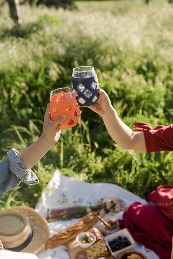 Ello Cru 17oz Stemless Wine Glass Set with Protective Silicone Sleeves, 4 Pack Cocktail Glass Perfect for Summer Patios and Parties Holiday Gifting Her Him Mother's Day, Dishwasher Safe, Cosmos