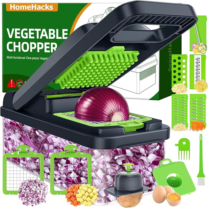 HomeHacks Veggie Chopper Vegetable Cutter, 12 in 1 Kitchen Gadget, Green | Dicer, Slicer, Cutter, Slap Chop, Cheese Grater & Egg Separator - Multi-Functional Salad Fruit Onion Chopper with Container