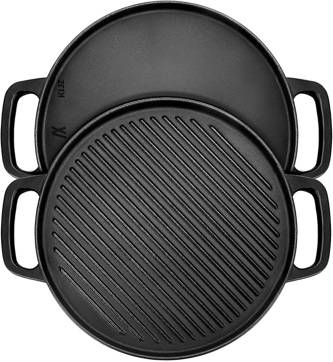 GGC Reversible Cast Iron Griddle for Stove Top, 12" Round Griddle Pan | Double Sided Griddle Plate Perfect for Gas Grills and Outdoor Cooking, Baking Flat and Ribbed Grill Griddle