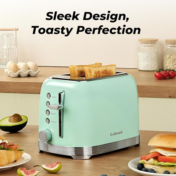 Toaster 2 Slice Retro Stainless Steel, Aqua Green | 1.5” Extra Wide Slots with Bagel, Defrost, Reheat, Cancel Functions, 6 Bread Shade Settings, Removable Crumb Tray