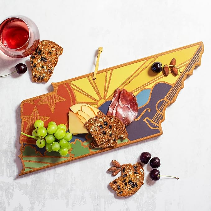 Totally Bamboo Tennessee State Shaped Cutting Board, Summer Stokes Art | State charcuterie board with colorful hand-drawn landscape art. Smooth reverse side for food prep. Hang tie for wall display.