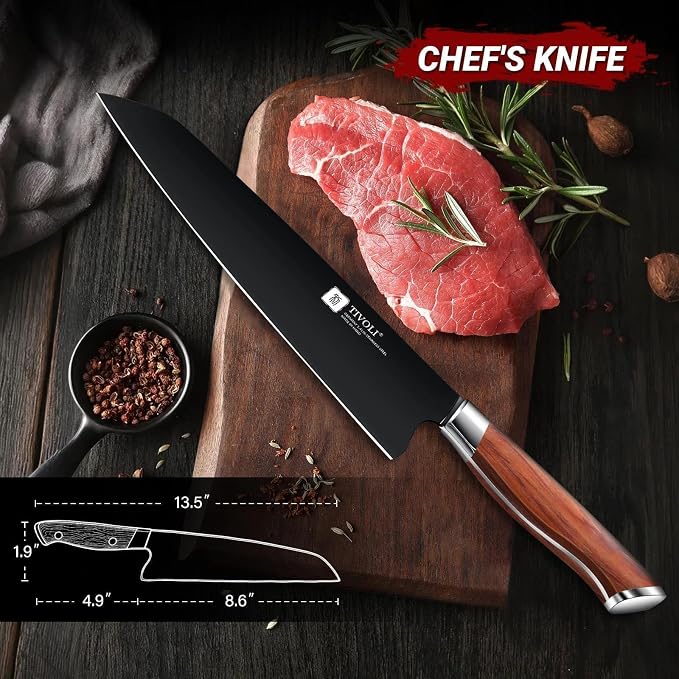 TIVOLI Chef Knife 8 Inch - Cooking Knife Ultra Sharp Deep Cutting Knives | German High Carbon Stainless Steel, Full Tang Ergonomic Wood Handle, Gift Box, Stain Resistant & Easy to Clean, for Cooking