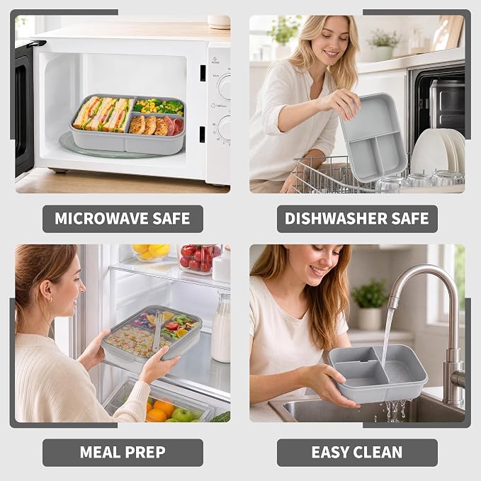 Itopor Bento Box for Kids & Adults, Lunch Box 46 oz / 1400ml, Gray | Wheat straw material, BPA-free, leakproof, 3 compartments, microwave & dishwasher safe, for school, office & travel