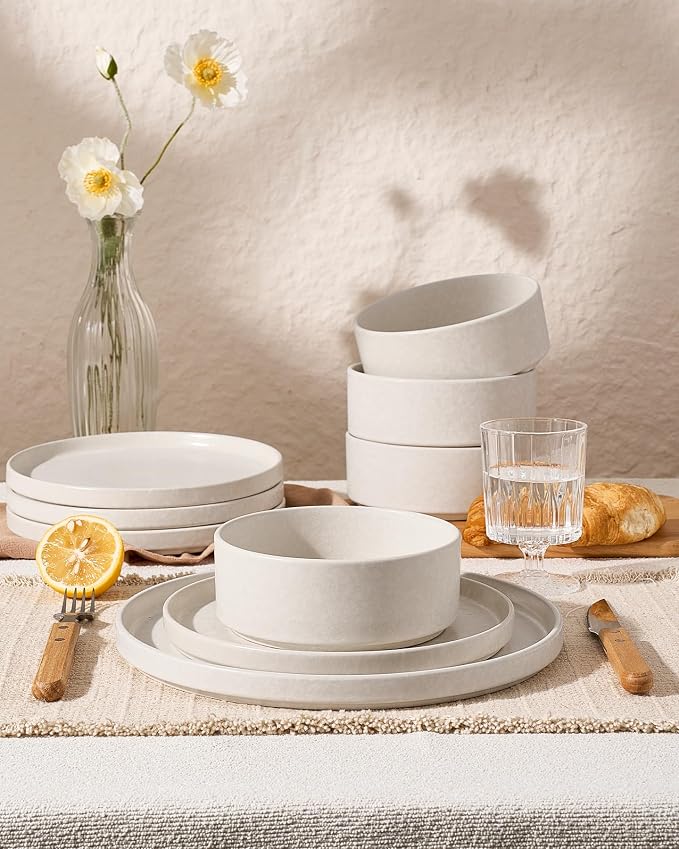 Famiware Nebula 12-Piece Dinnerware Set, Matte Beige White | Stoneware Plates and Bowls, Handmade Reactive Glaze, Microwave & Dishwasher Safe, Chip & Scratch Resistant