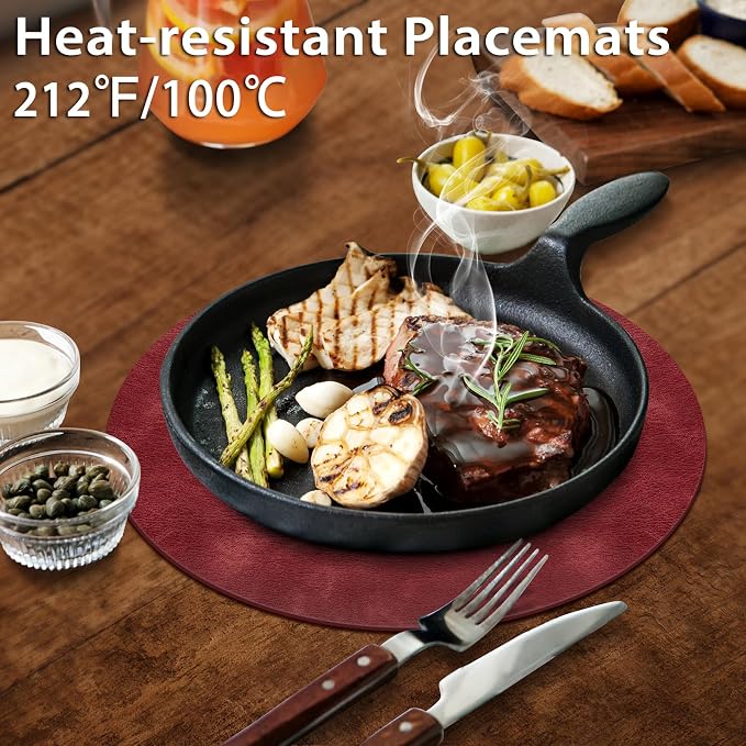 ADRIMER Placemats, Heat Resistant Round Placemats Set of 8 Washable, Waterproof Table Mats, Wipeable Faux Leather Place Mats for Kitchen, Dining Room, Wine Red