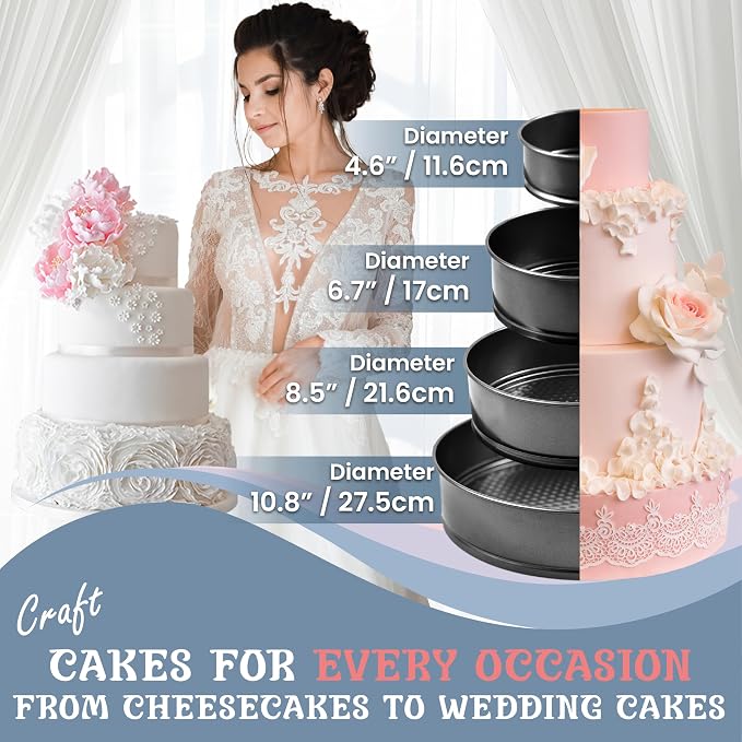 Cheesecake Pan and Springform Cake Pan Set - 4, 7, 9 and 11 in, NONSTICK | with CAKE SLICER and TESTER; INSTANT POT – Compatible; Easy-open Latches for Cheesecakes, Layer Cakes, Quiches; for Gifting