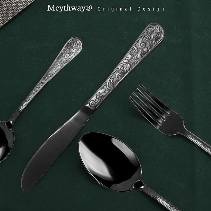 Meythway 40-Piece Vintage Carved Black Silverware Set for 8, Stainless Steel Flatware Set with Knife/Fork/Spoon, Cutlery Set for Home and Kitchen, Utensil Set with Dishwasher Safe