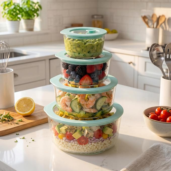 Glass Food Container Set with Glass Lid, 4 Pack, Meal Prep Containers with Silicone Framed Airtight Lid, Leakproof, 100% Plastic Free,