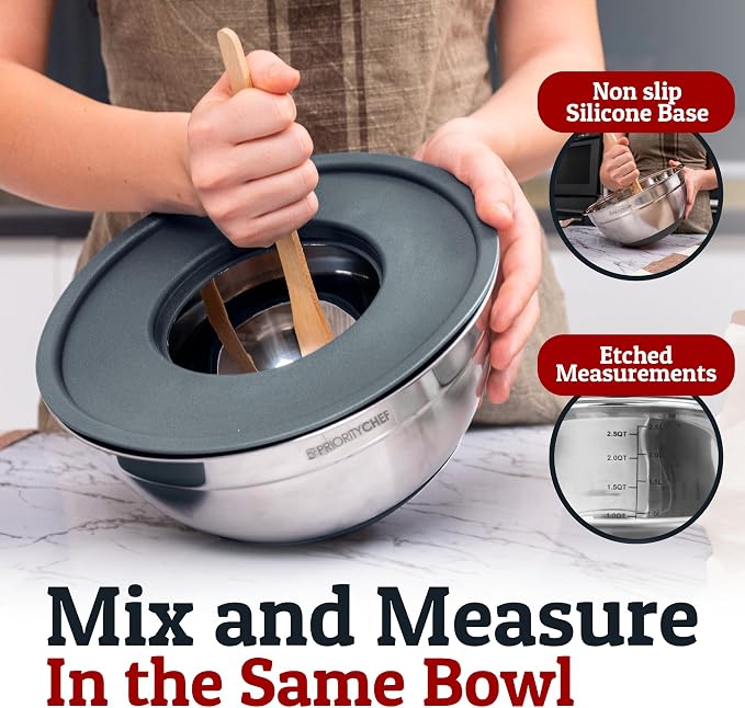 6Pc Stainless Steel Mixing Bowls with Lids Set, Huge 7 Qrt Size Metal Bowl Set for Kitchen, 3 Graters, Non-Slip Bases & Silicone Utensils Set, Grey