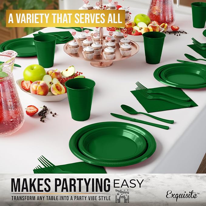 350 Pcs Emerald Green Plastic Plates For Party, Emerald Green Disposable Plates Set, 50 Of Each 9" Dinner Plate Set, 7" Dessert Plate, Cups, Napkins & Cutlery Plastic Dinnerware Set Exquisite