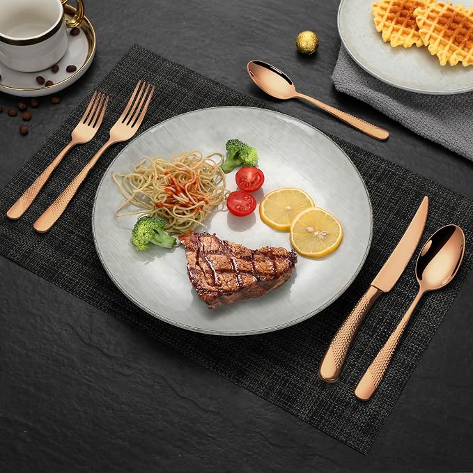 Hammered Rose gold 30 Pieces Set Silverware Set for 6 with Serrated Forging Knives,18/10 Stainless Steel Modern Flatware Set,Unique Cutlery Set,Mirror Polished,Dishwasher Safe