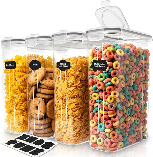 Utopia Kitchen Cereal Containers Storage Set with Lids, 4 Pack, 4L, Clear | Airtight Food Storage Containers with Lids, BPA-Free Cereal Dispensers for Pantry Organization and Storage