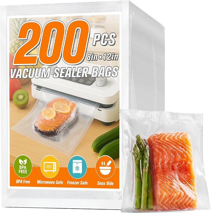 FUNFERY 200 Precut Quart 8" x 12" BPA-Free Vacuum Sealer Bags for Food | Commercial-Grade Bags for Long-Term Food Storage, Microwave, Boiling, Sous Vide and Refrigerator Storage