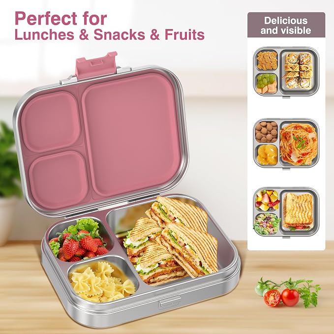 HOMEKOL Stainless Steel Bento Lunch Box 3 Compartments, 3.3 Cups, Pink | for Kids Adults, Leak-Proof Metal Container for Office School Picnic, BPA-Free, Dishwasher Safe, 800ml (Not Insulated)