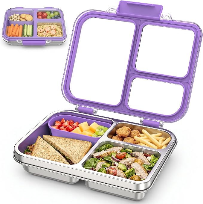 Stainless Steel Bento Box for Kids, 3-Compartment Metal Lunch Box with Clear Lid & Removable Silicone, Lunch Box Kids with Silicone Inner Container for Meal Prep, School, Office (Purple)