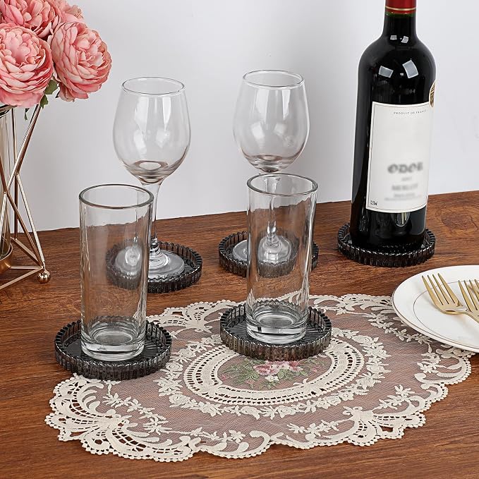 Modern Clear Coaster Set of 5- Glass Coasters for Drinks, Clear Black | Crystal Coasters Round Cup Mat Coffee Table Decor for Office, Kitchen, Bar, Dining Room, Living Room, Patio