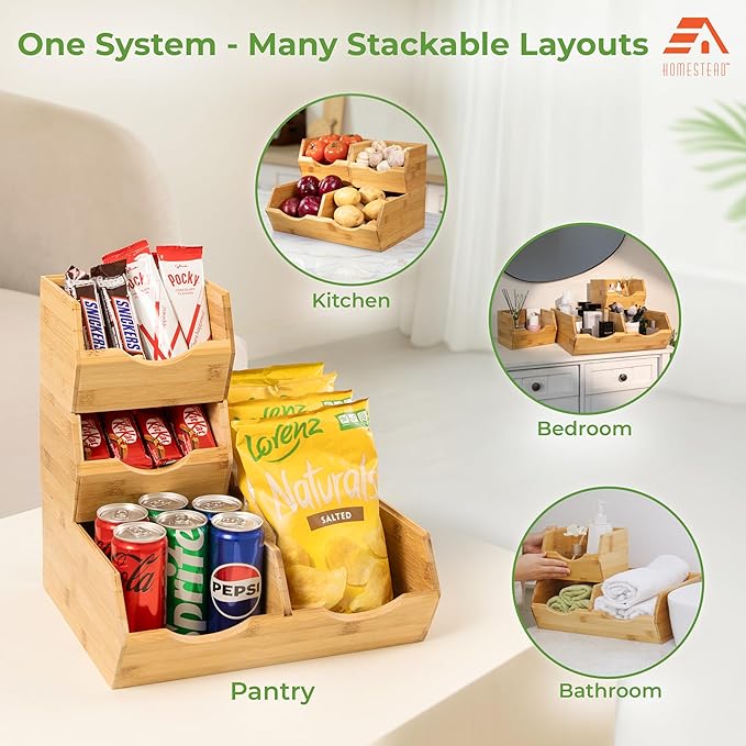 HOMESTEAD Bamboo Pantry Storage Bins – Stackable Potato & Onion Storage Bin for Kitchen Countertop, Pantry Organizer, Fruit Vegetable Basket, Multiuse - Set of 3 Slide-Out Access