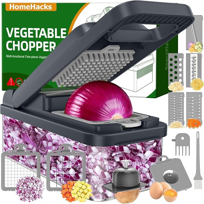 HomeHacks Veggie Chopper Vegetable Cutter, 12 in 1 Kitchen Gadget, Grey | Dicer, Slicer, Cutter, Slap Chop, Cheese Grater & Egg Separator - Multi-Functional Salad Fruit Onion Chopper with Container