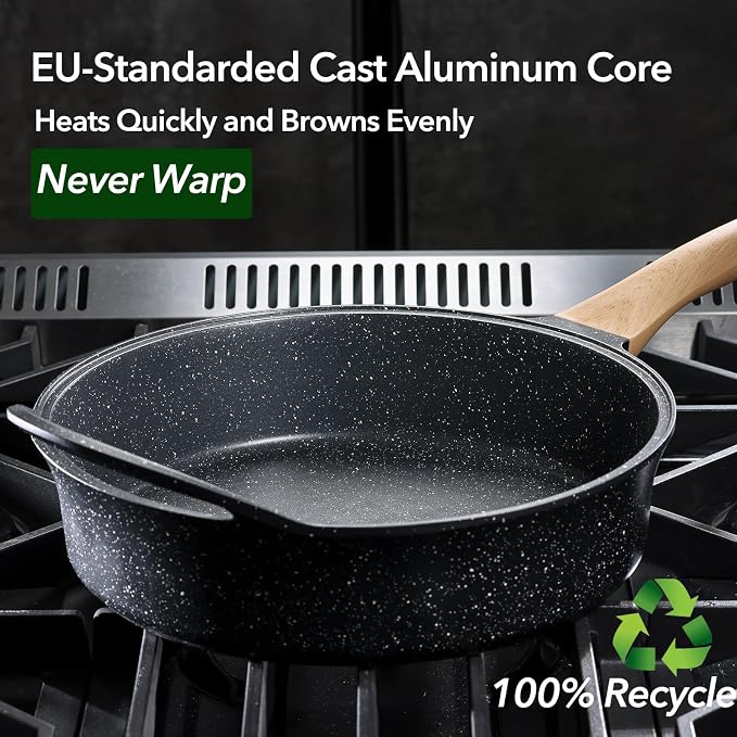 Deep Nonstick Frying Pan with Lid, 4.5 QT Swiss Granite Coating Sauté Pan, 12 Inch Healthy Non Stick Skillet Cooking Pan and Helper Handle with Silicone Cover, PFOA Free, Induction Ready.