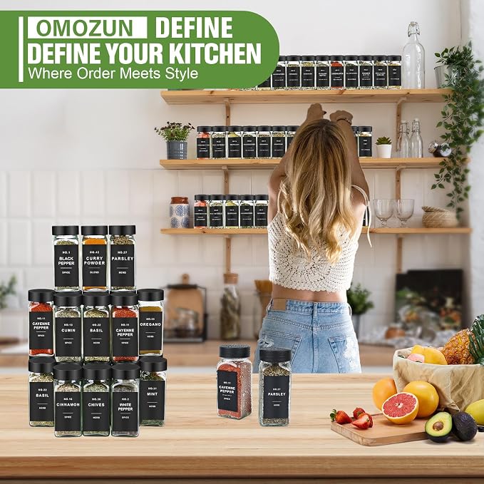 Spice Jars with Label, 24pcs 4oz Glass Spice Jars with Black Lids | Square Spice Containers with 304 Labels and Shaker Inserts, Empty Seasoning Bottles for Drawer, Cabinet, Seasoning Organizer