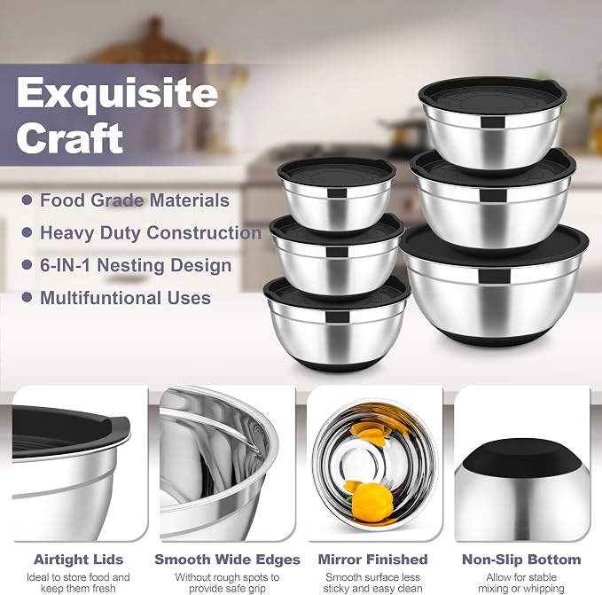 TeamFar Mixing Bowls, Stainless Steel Salad Bowl with Lid & Graters -Black | 6 PCS for Kitchen Baking Serving Prepping, Container for Dough Veggie Fruit, Non-Slip & Nesting, 4.6 /3.5 /2 /1.5 /1 /0.7 QT